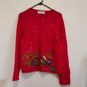 Tiara International | Vintage Red Embroidered Reindeer Ugly Xmas Cardigan | L
